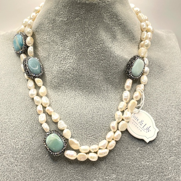 Iris & Lily London New Freshwater Pearl Gemstone Rhinestone Long Necklace - Picture 1 of 16